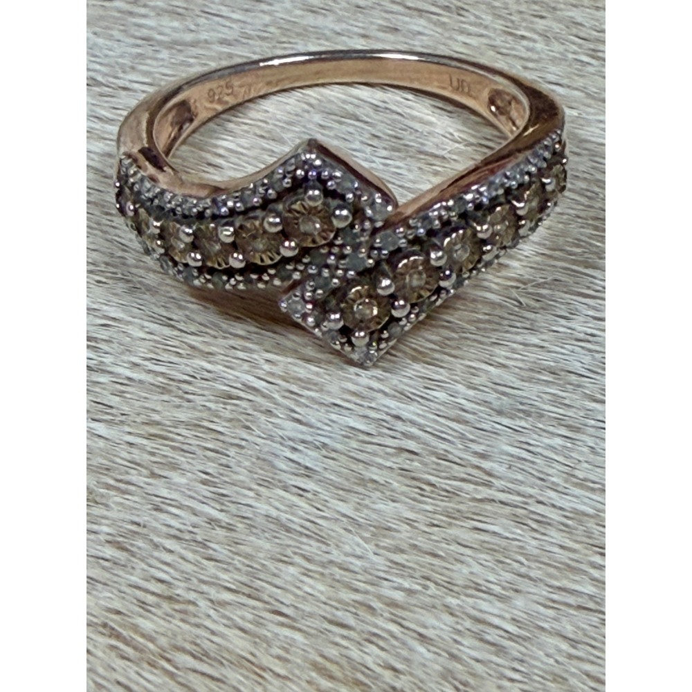 Sterling Silver 925 Rose Gold Champagne Diamond Chevron Bypass Ring UD 6 3/4